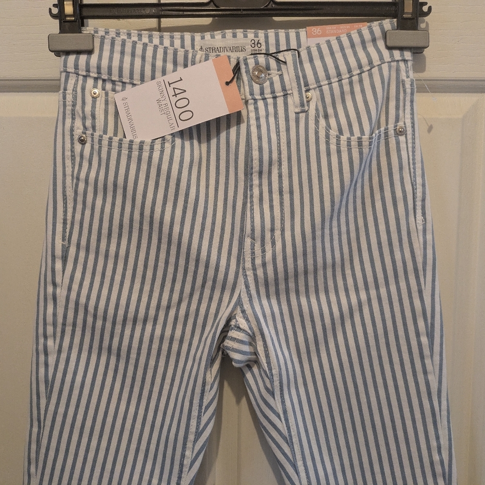 Stradivarius 1400 Mid Rise skinny jeans White Blue Stripes New! - Picture 6 of 13